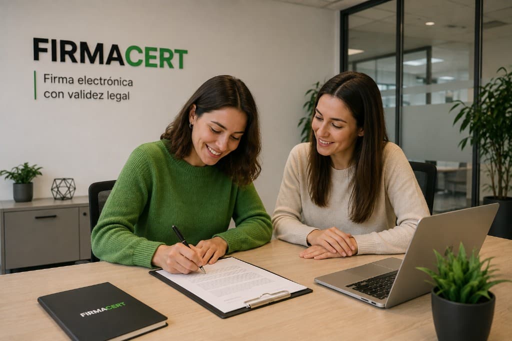 Profesionales firmando contrato de franquicia con FIRMACERT en oficina moderna