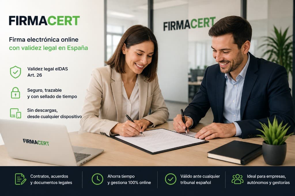 Ejecutivos firmando convenio de colaboración empresarial con FIRMACERT